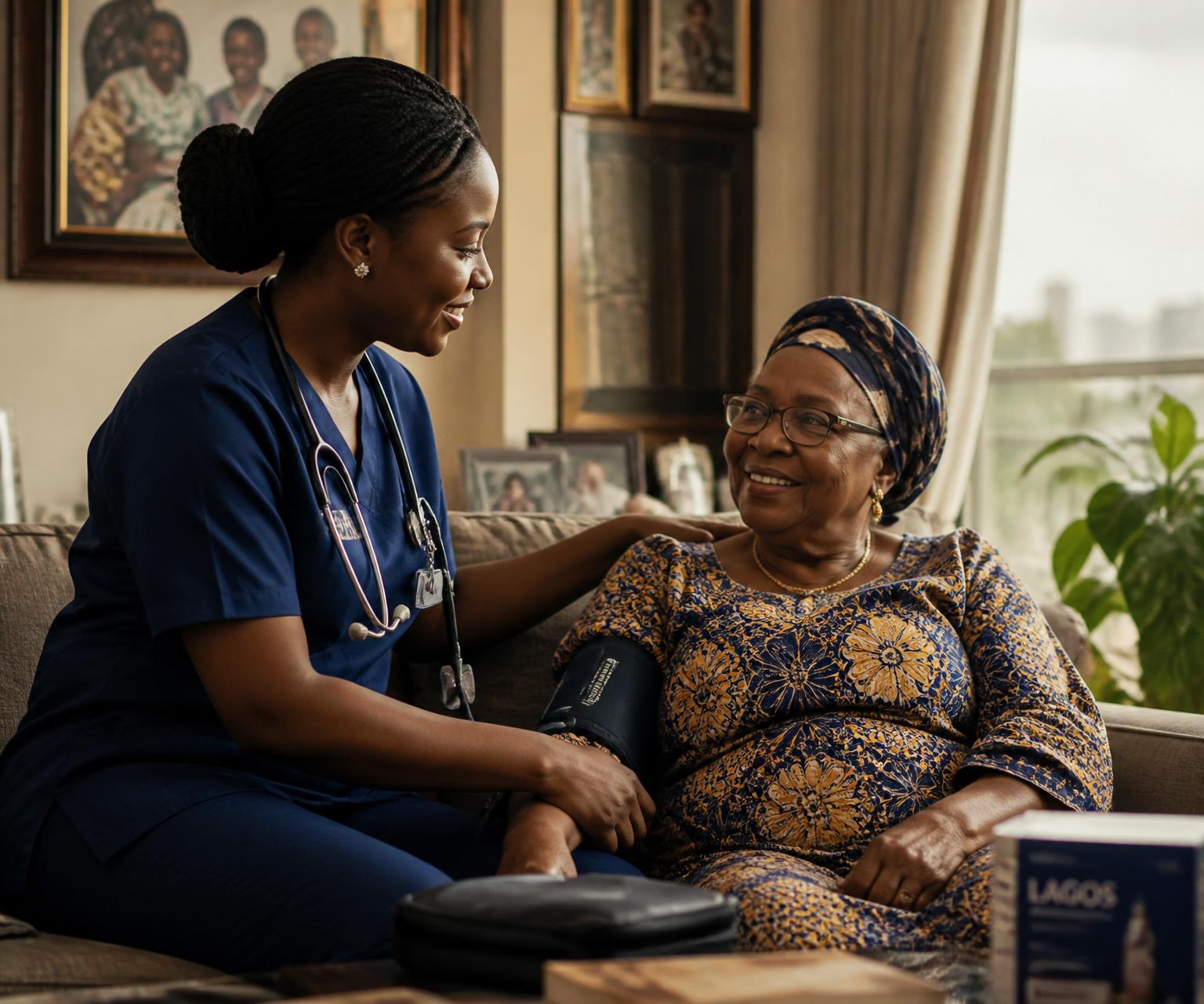 Nigerian nurse checking on elderly woman at home